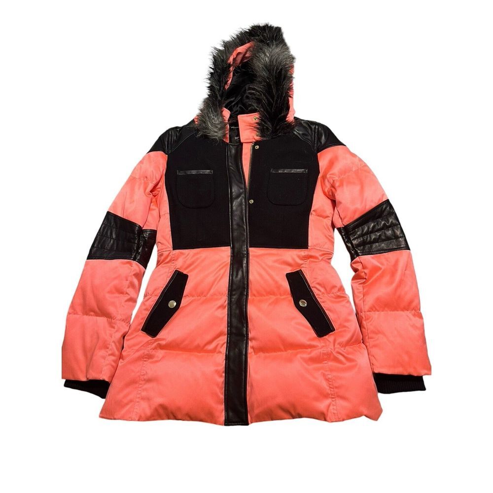 Juicy Couture Coral Pink and Black Puffer Coat with Faux Fur Hood
